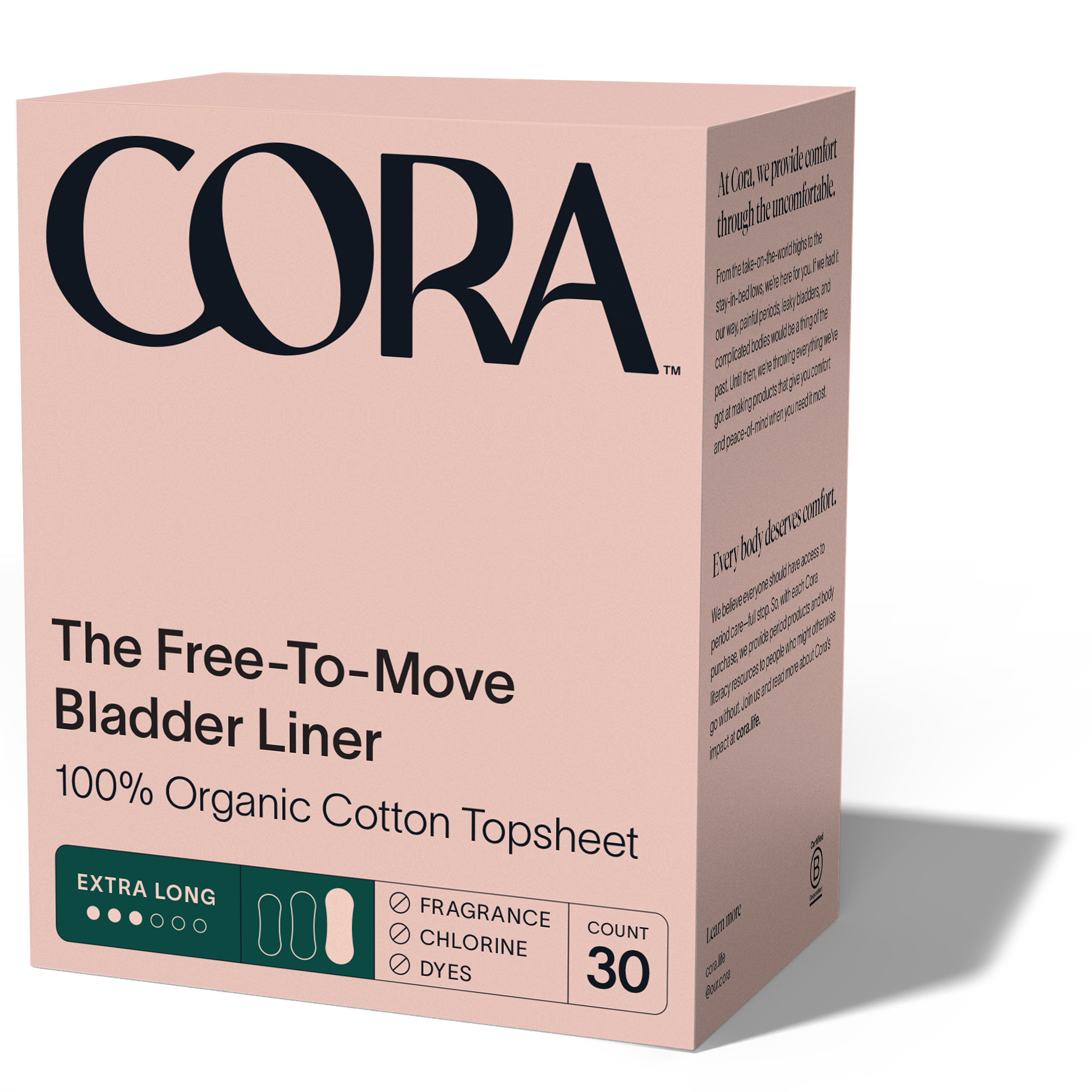 The pink box of Coras Organic Bladder Liners features CORA in bold and claims The Free-To-Move Bladder Liner with a 100% organic cotton topsheet for comfort and moisture-wicking. Fragrance, chlorine, and dye-free, it includes 30 extra-long protectors.