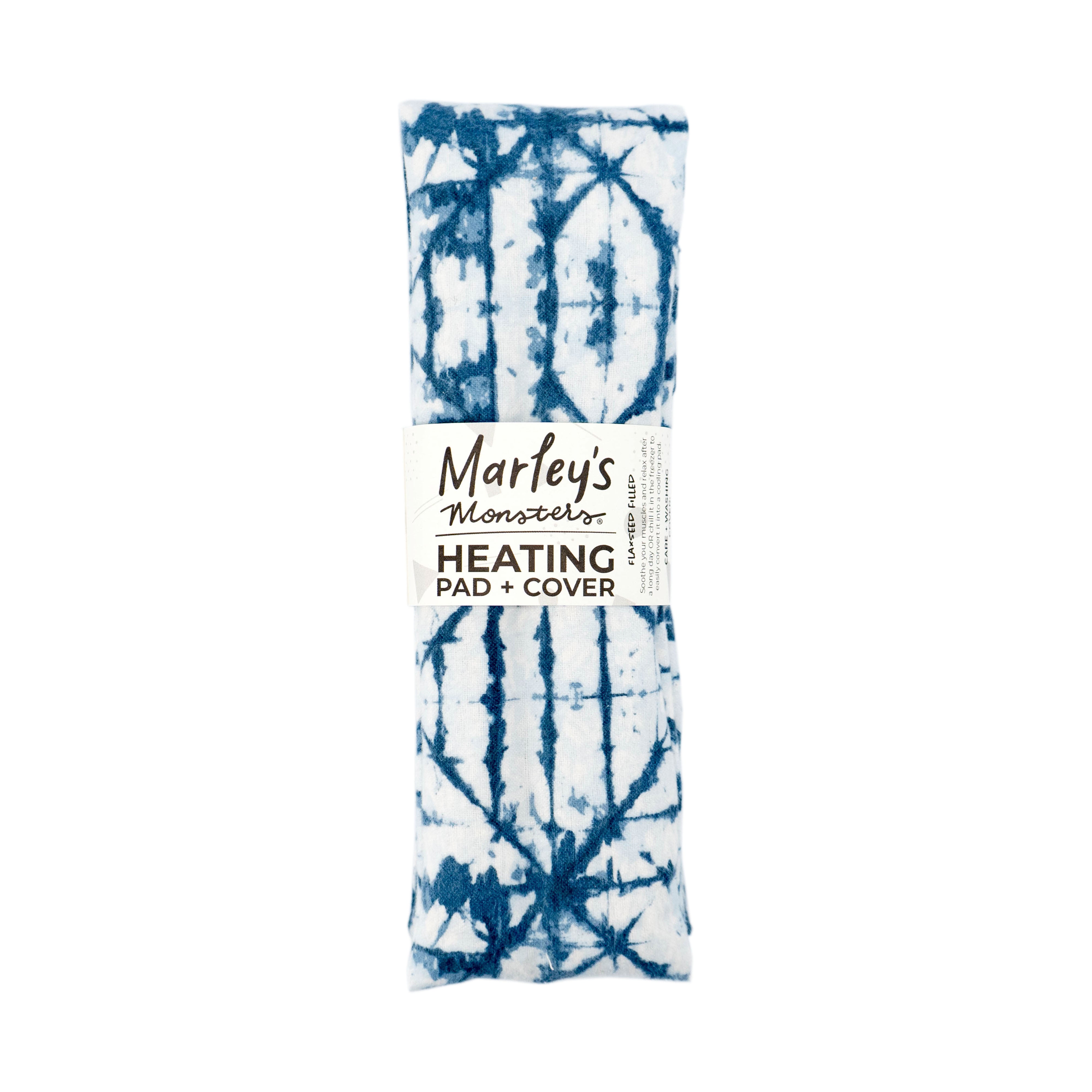 A blue and white tie-dye rectangular heating pad, labeled Marleys Monsters Flax Seed Heating Pad with Cover, is crafted to be flaxseed-filled for optimal comfort and is entirely plastic-free.