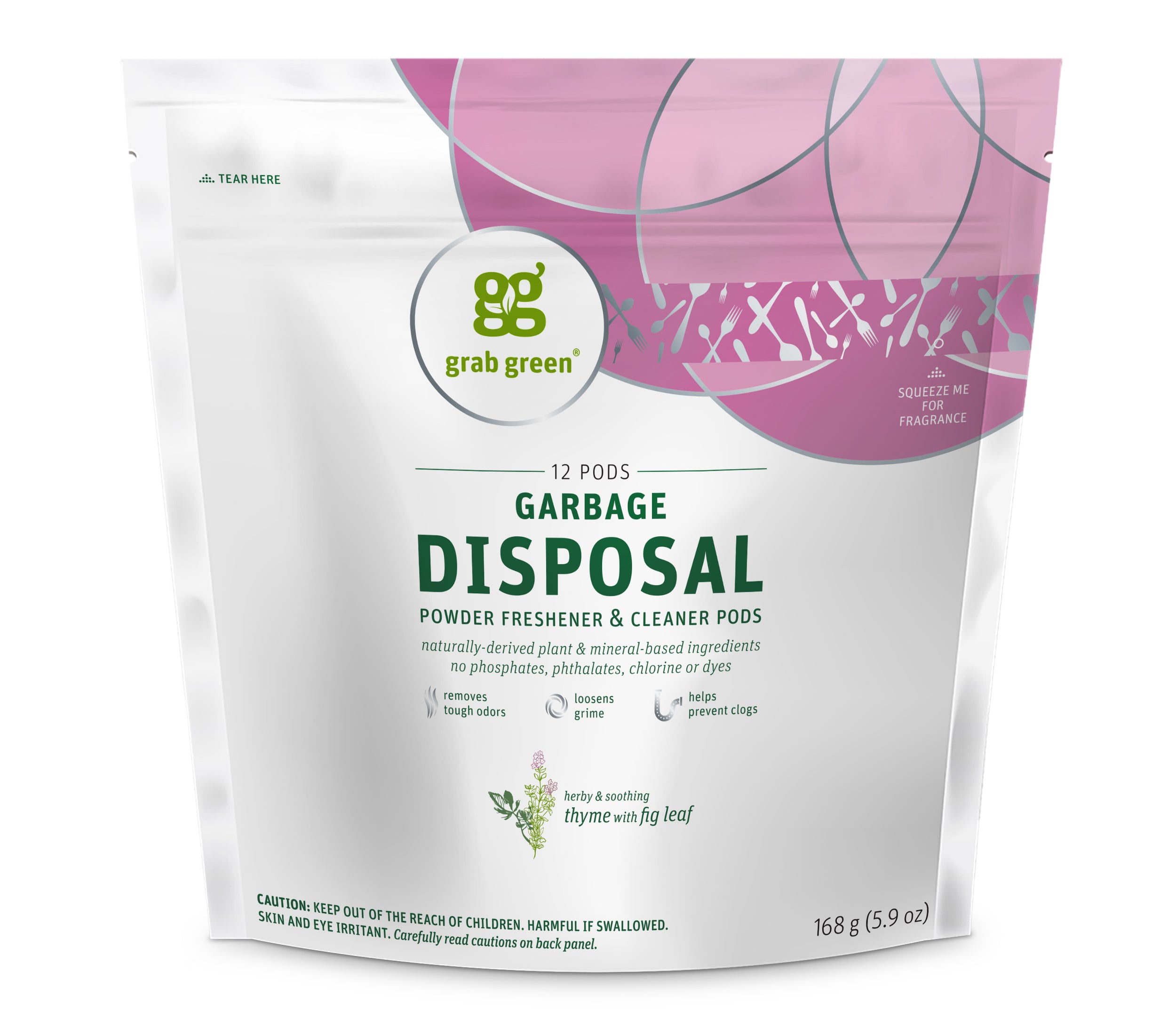 The grab green Garbage Disposal Freshener & Cleaner Pods come in a white and pink stand-up pouch adorned with a green logo. The non-toxic, naturally-derived formula features a subtle thyme and fig leaf fragrance. Includes 12 pods for a fresh kitchen experience.