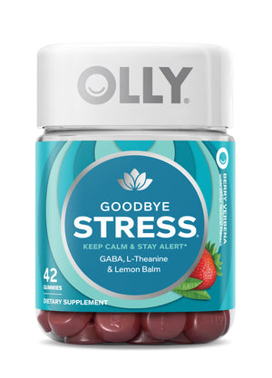 A jar of OLLY Goodbye Stress gummies, with 42 pieces, features a soothing blue and teal label adorned with strawberries. It highlights key ingredients like GABA, L-Theanine, and Lemon Balm, positioning it as an effective dietary supplement for stress relief.