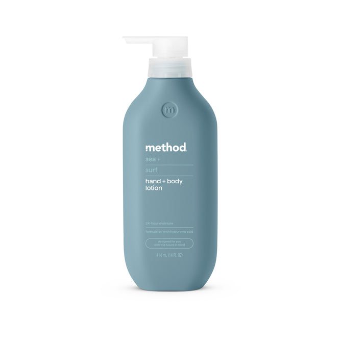 A 14 fl oz (414 mL) bottle of method Mens Body Lotion in sea surf scent, with teal color and pump dispenser. Offers 24-hour moisture with hyaluronic acid to enhance skin barrier function.