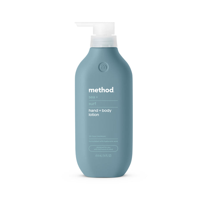 The method Mens Body Starter Set - Sea + Surf comes in a blue bottle with a white pump and white text—ideal as a refreshing mens body lotion.
