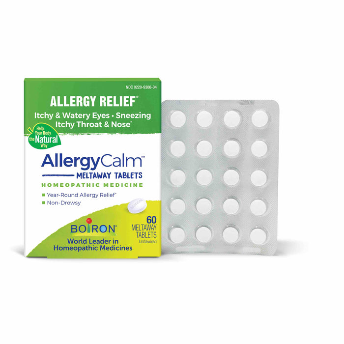A box of AllergyCalm Meltaway Tablets by Boiron is shown next to a blister pack containing 20 round white tablets. The box highlights allergy relief for itchy eyes, sneezing, and non-drowsy, natural ingredients.