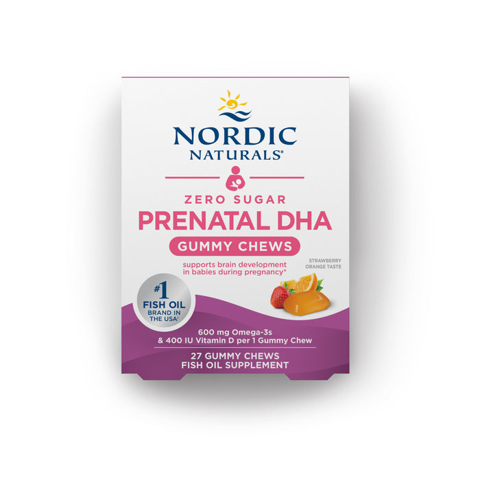 A white and pink box of Nordic Naturals Zero Sugar Prenatal DHA Gummy Chews, strawberry orange flavor, containing 27 gummies. The box highlights Omega-3s, vitamin D, and supports brain development in babies during pregnancy.