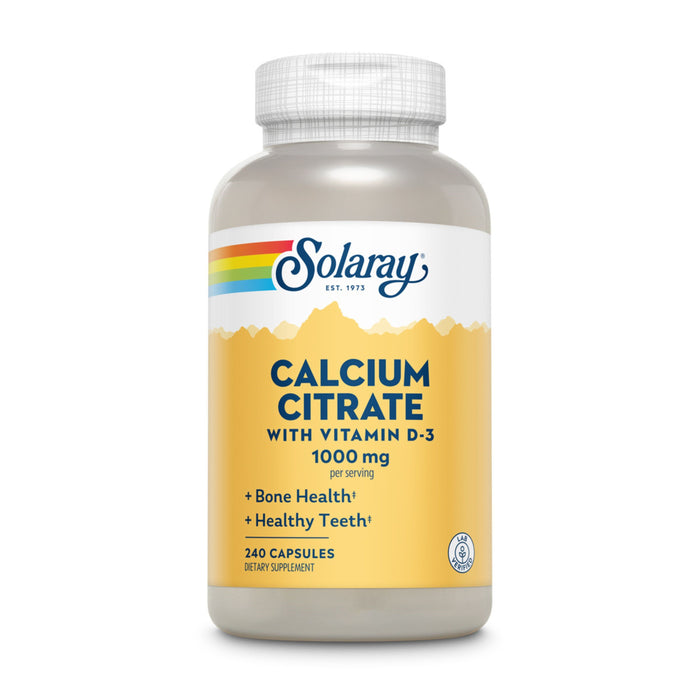 A bottle of Solaray Calcium Citrate with Vitamin D-3 dietary supplement, 1000 mg per serving, for bone and teeth health. The label is yellow and white with a rainbow design and contains 240 capsules.
