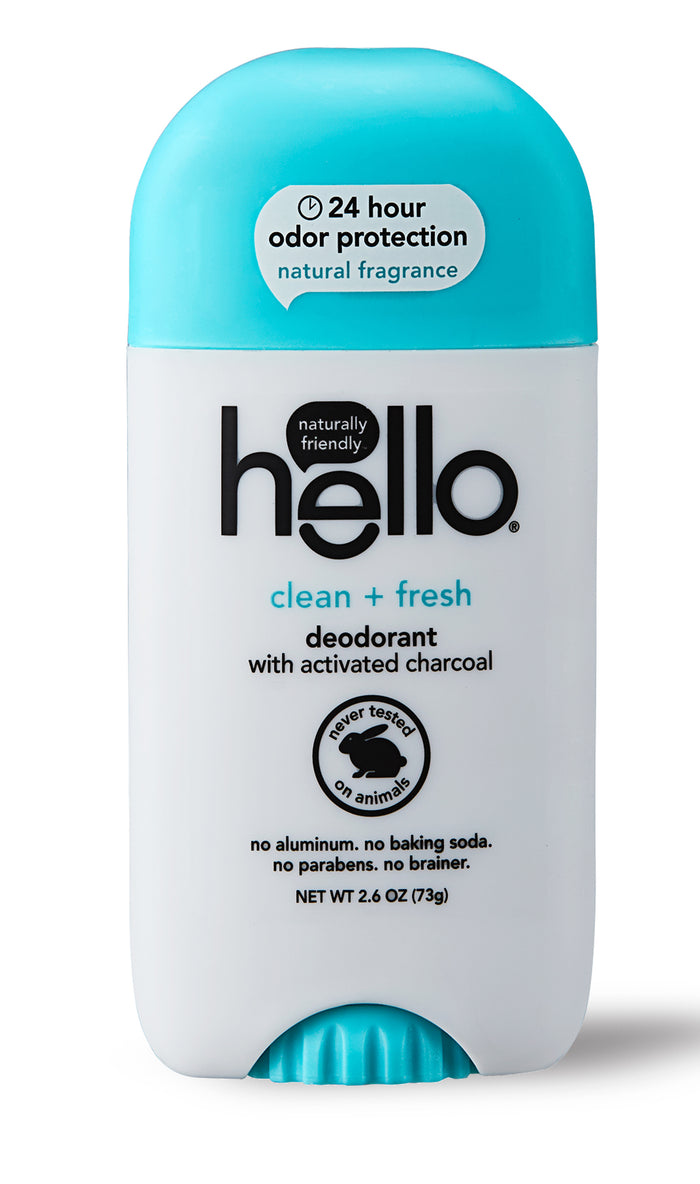 A white and turquoise stick of hello brand deodorant with activated charcoal, labeled clean + fresh, offering 24-hour odor protection, no animal testing, and free from aluminum, parabens, and baking soda.