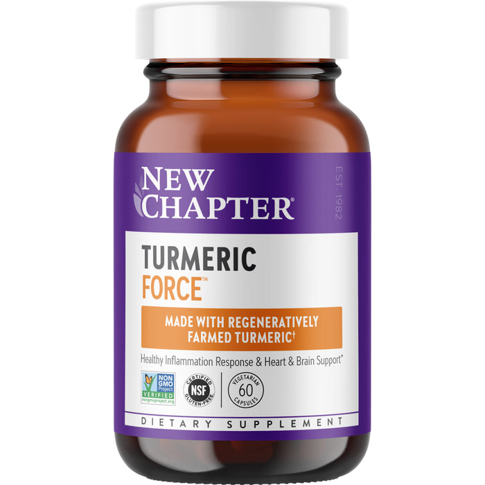 A brown bottle of New Chapter Turmeric Force dietary supplement with a purple and white label, highlighting that it is made with regeneratively farmed turmeric. The label shows certifications for non-GMO, NSF, and gluten-free.