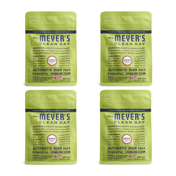 Four pouches of Mrs. Meyers Dishwasher Tabs, in green packaging featuring the Lemon Verbena scent, are arranged in a grid. The packs highlight aromatherapeutic and powerful cleaning properties with oxygen bleachs gentle power.