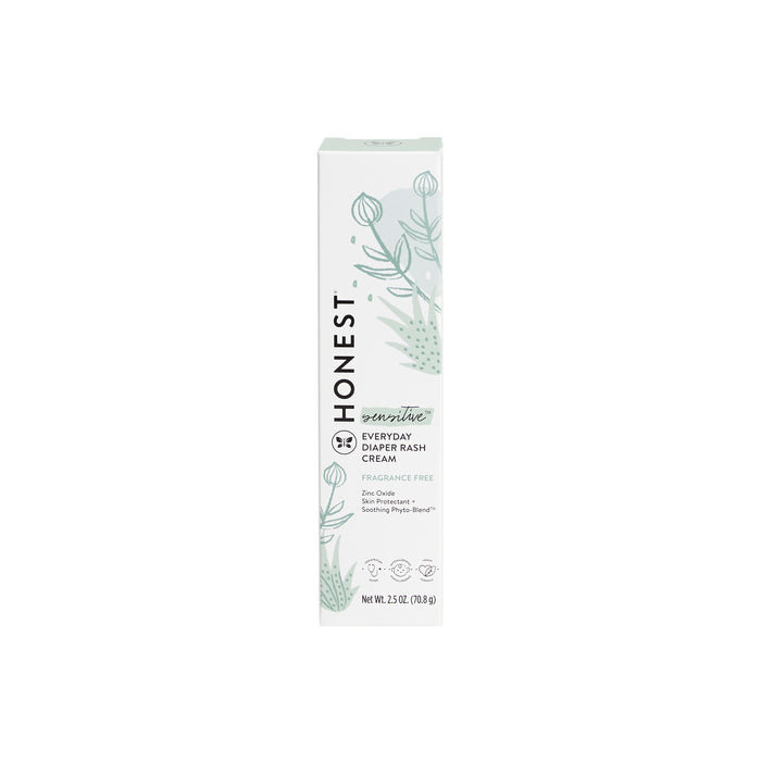 A white box of Honest Sensitive Everyday Diaper Rash Cream, fragrance-free, 2.5 oz. The packaging has botanical illustrations and product information in black and green text.