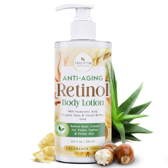 A bottle of Tree to Tub Anti-Aging Retinol Body Lotion with a pump dispenser is shown, surrounded by aloe vera, shea nuts, and cocoa butter pieces. The label highlights hyaluronic acid and natural ingredients.
