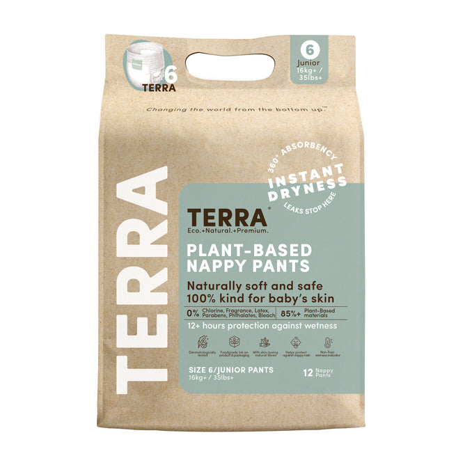 A package of Terra plant-based nappy pants for juniors, size 6, featuring eco-friendly materials, instant dryness claims, and details about being gentle and safe for babys skin. The pack contains 12 nappies.