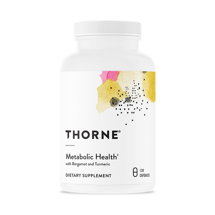 A white bottle of Thorne Metabolic Health dietary supplement with a colorful abstract design on the label, containing 120 capsules with bergamot and turmeric.