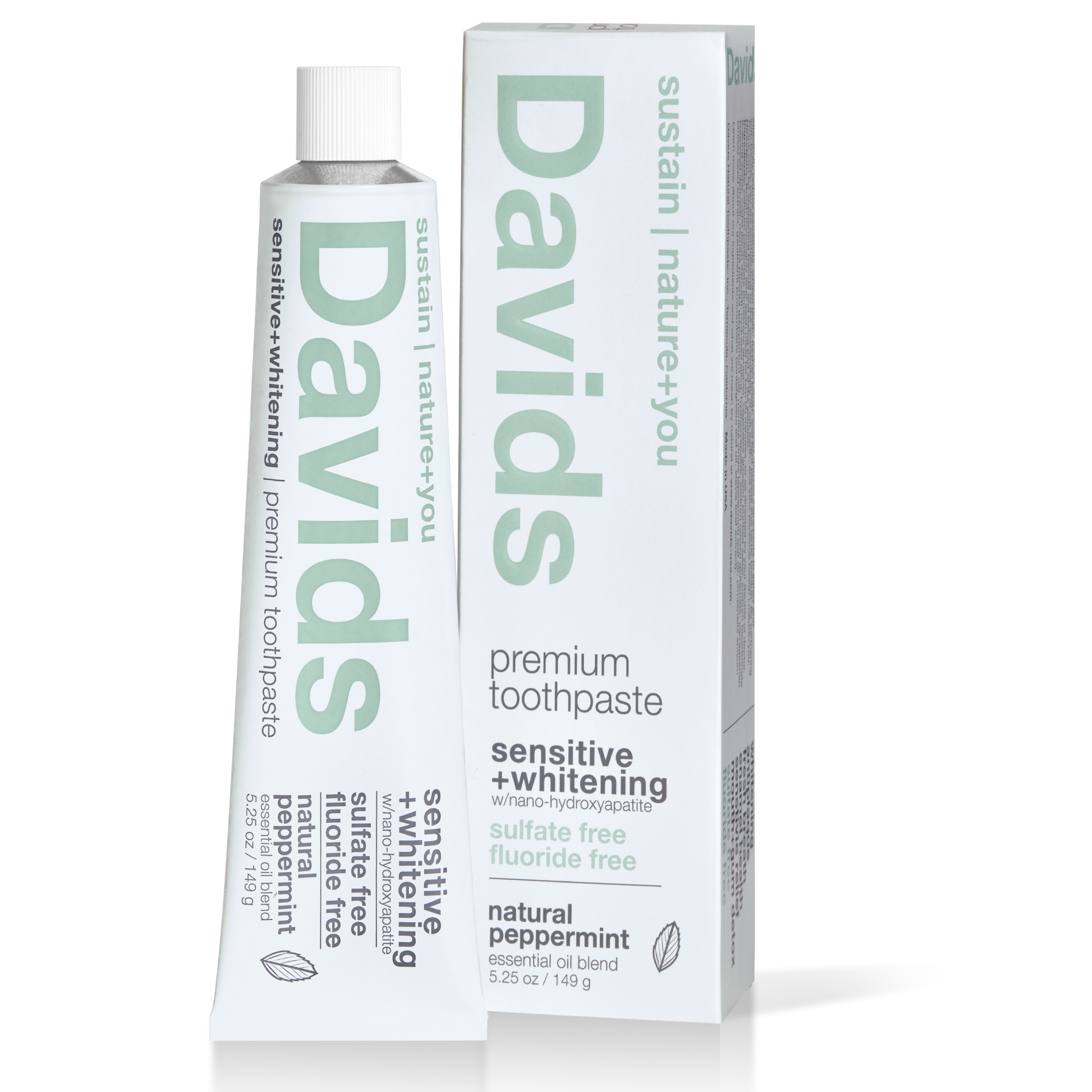 The image displays a tube and box of Davids Sensitive Whitening Nano-Hydroxyapatite Toothpaste. The white packaging with light green text highlights features such as sensitive + whitening, sulfate free, fluoride free, and natural peppermint, all leveraging nano-hydroxyapatite for better dental care.