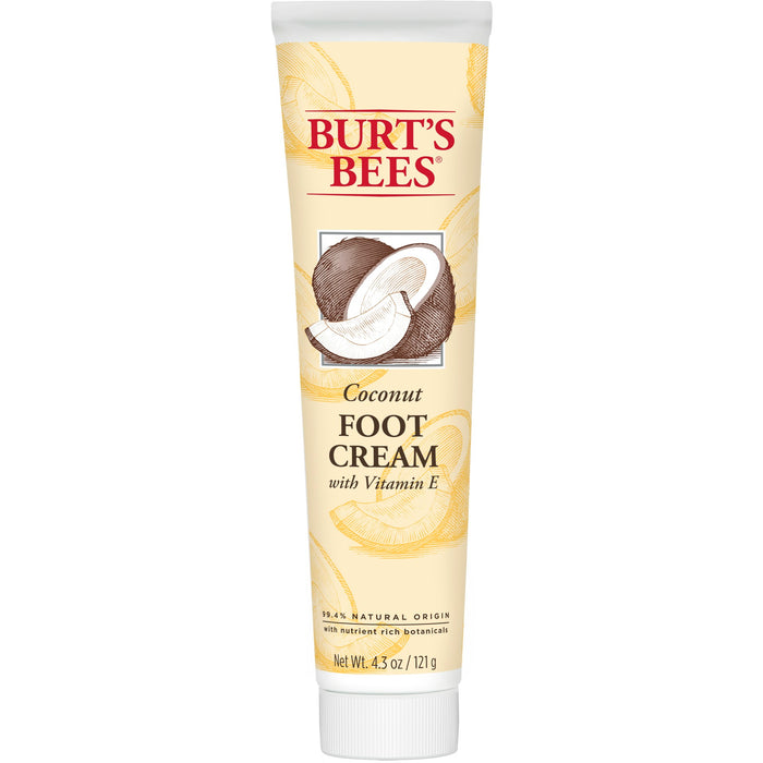 A tube of Burt’s Bees Coconut Foot Cream with Vitamin E, featuring an image of coconut halves on the front. The cream is in a beige and white 4.3 oz (121g) tube with red and brown text.