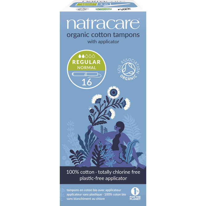 The image shows a blue box of Natracare Applicator Regular Tampons, containing 16 organic cotton tampons. Labeled Regular, the box highlights features like being 100% cotton, totally chlorine-free, and plastic-free with a cardboard applicator.
