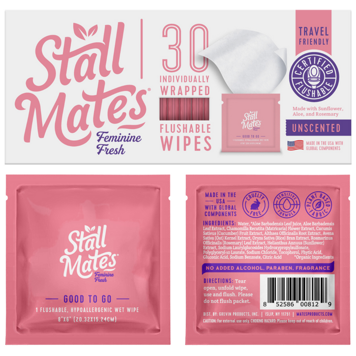 Packaging for Stall Mates feminine flushable wipes. It highlights that there are 30 individually wrapped wipes, unscented, hypoallergenic, travel-friendly, and free from added alcohol, paraben, and fragrance.