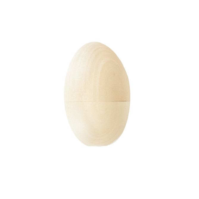 A smooth, light wooden egg from Sarahs Silks stands upright against a plain white background, showcasing its natural grain patterns and subtle color variations. This Montessori toy appears to be seamlessly crafted as a single piece, highlighting the beauty of FSC-certified wood.
