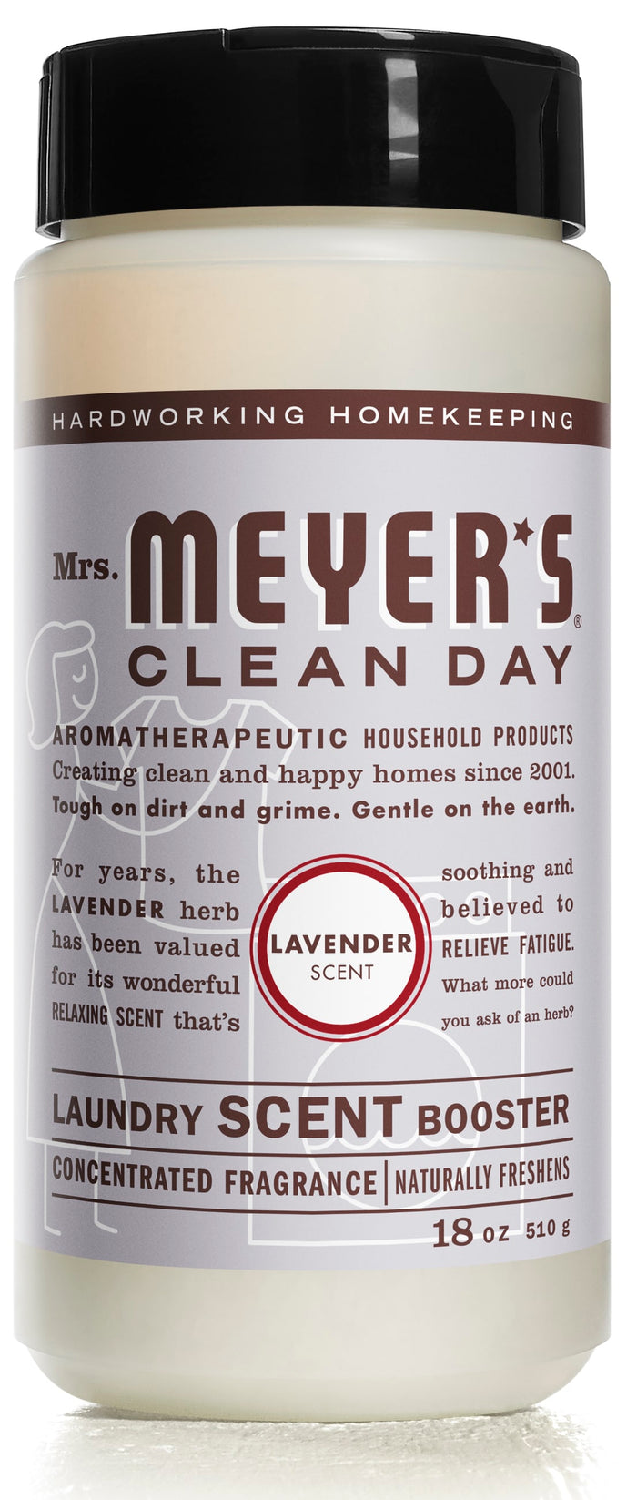 A container of Mrs. Meyer’s Clean Day Laundry Scent Booster in lavender scent, featuring a purple label with product details and text about its aromatherapeutic benefits. The container holds 18 oz (510 g).