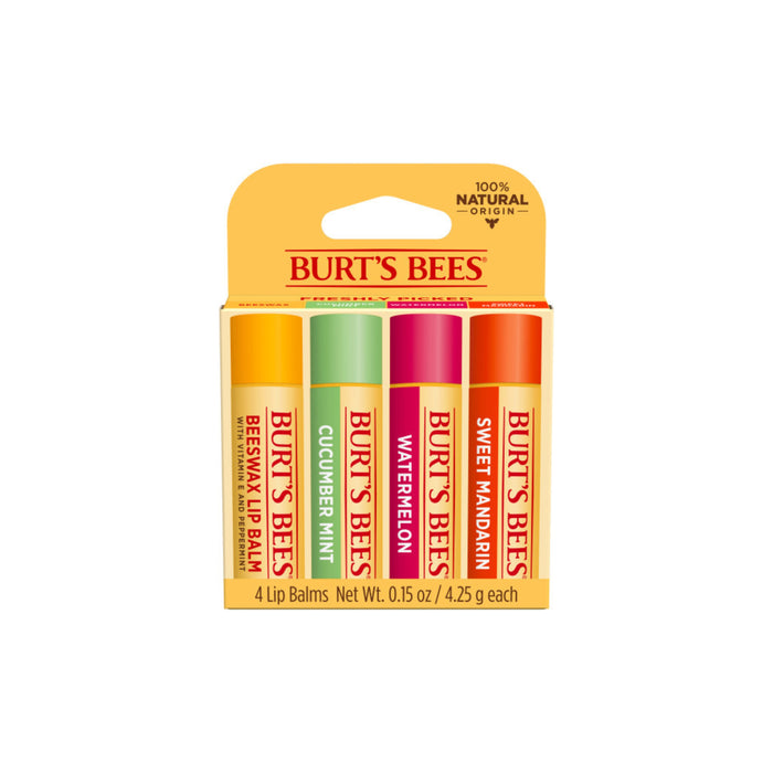 A pack of four Burt’s Bees lip balms in assorted flavors—Beeswax, Cucumber Mint, Watermelon, and Sweet Peach—in colorful tubes, displayed in yellow packaging with the Burt’s Bees logo and 100% Natural Origin label.