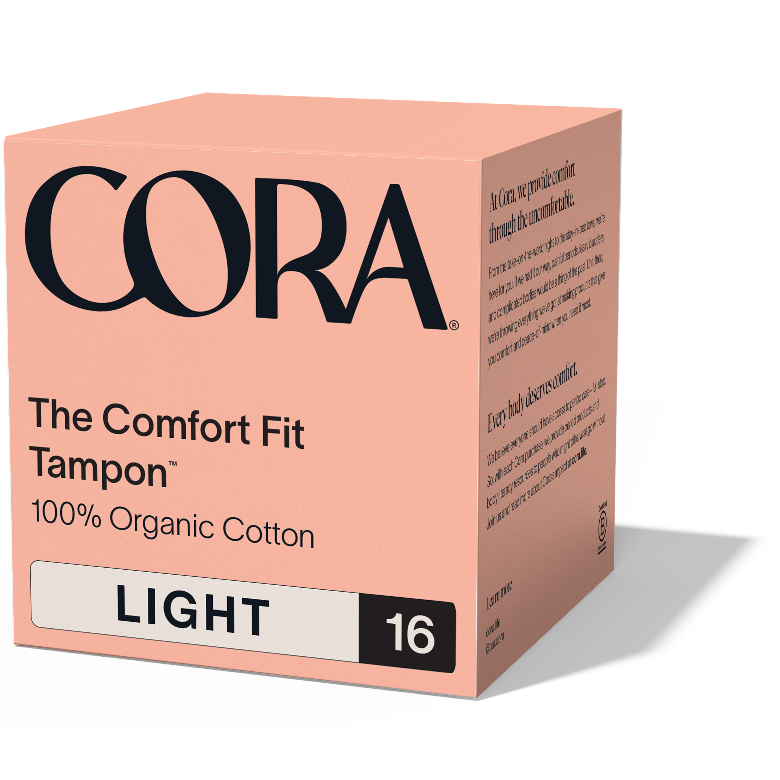 The peach-colored Cora Organic Cotton Tampons with Applicator feature 100% Organic Cotton and Light 16. The tilted packaging highlights their organic nature and BPA-free compact applicators for superior comfort and leak protection.