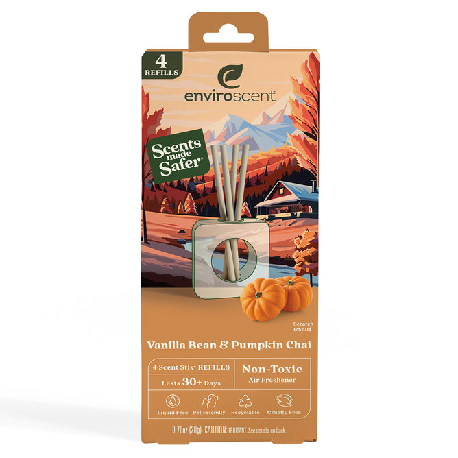 A box of Enviroscent Vanilla Bean & Pumpkin Chai air freshener refills with autumn leaves and pumpkins on the packaging. The box states it includes 4 scent stick refills and is non-toxic and pet-friendly.