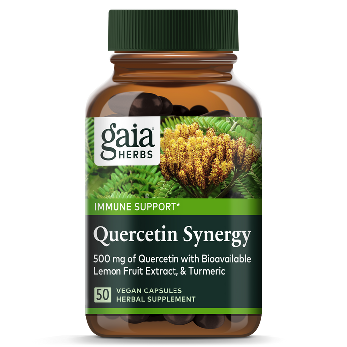A bottle of Gaia Herbs Quercetin Synergy vegan capsules, labeled for immune support, containing 500 mg of quercetin with lemon fruit extract and turmeric; the bottle has a green lid and herbal imagery.