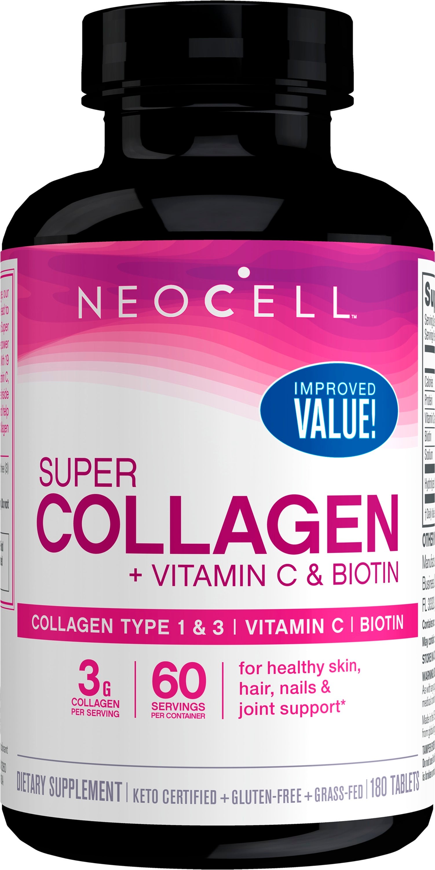 A bottle of NeoCell Super Collagen dietary supplement with Vitamin C and Biotin, featuring 180 tablets, 3g collagen per serving, and 60 servings per container. The label highlights benefits for skin, hair, nails, and joints.