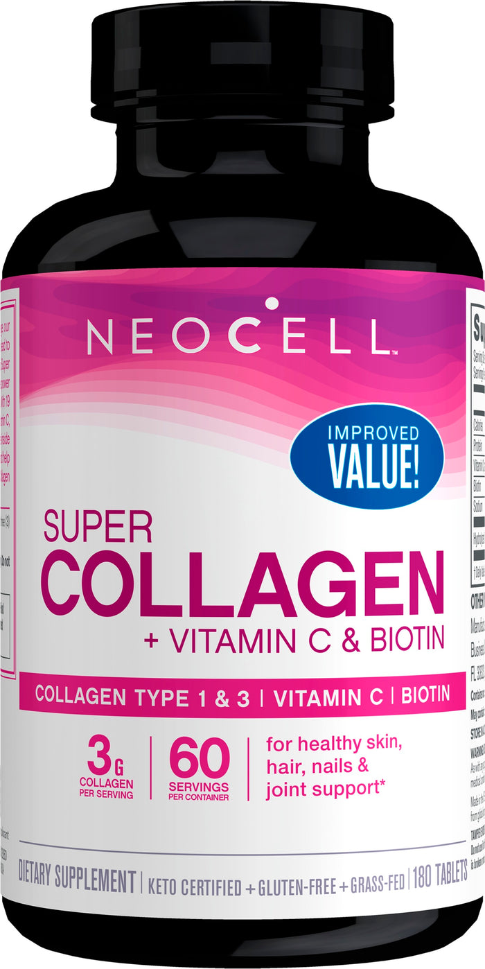 A bottle of NeoCell Super Collagen dietary supplement with Vitamin C and Biotin, showing label details such as 3g collagen per serving, 60 servings per container, and claims for healthy skin, hair, nails, and joint support.