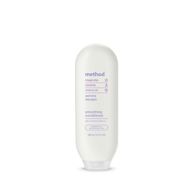 A white bottle of Method Smoothing Conditioner, featuring minimalist purple text listing magnolia, rosehip, and monoi oil as ingredients. The bottle contains 390 ml (13.5 fl oz) and stands upright against a white background.