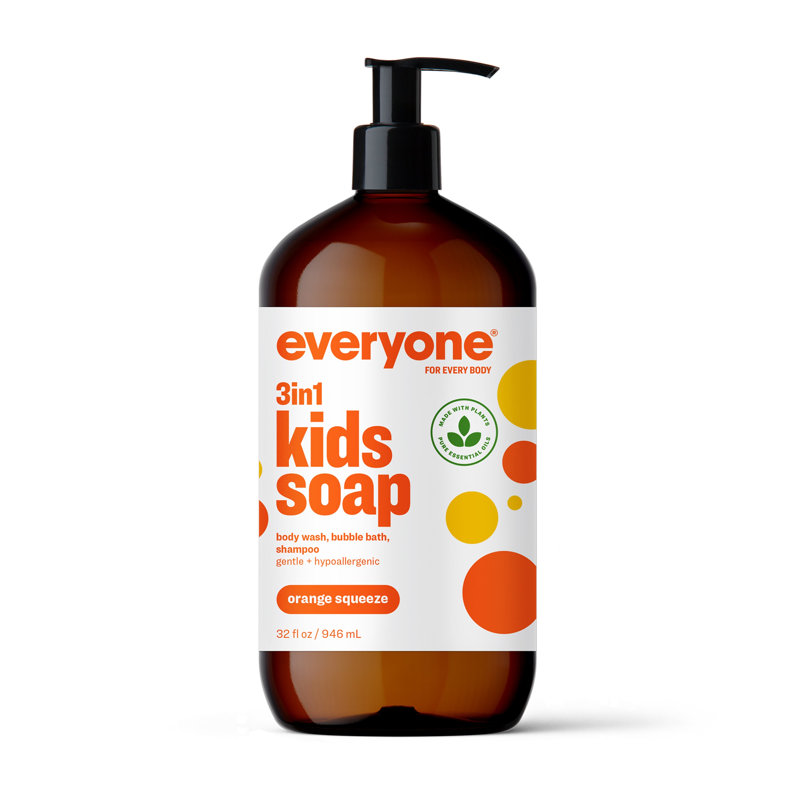 The 32 fl oz brown pump bottle of Everyone 3in1 Kids Soap Shampoo & Bubble Bath features orange, white, and yellow circles on its label, promoting its use as body wash, bubble bath, and shampoo. Its hypoallergenic with essential oils and an orange squeeze scent without a green plant symbol.