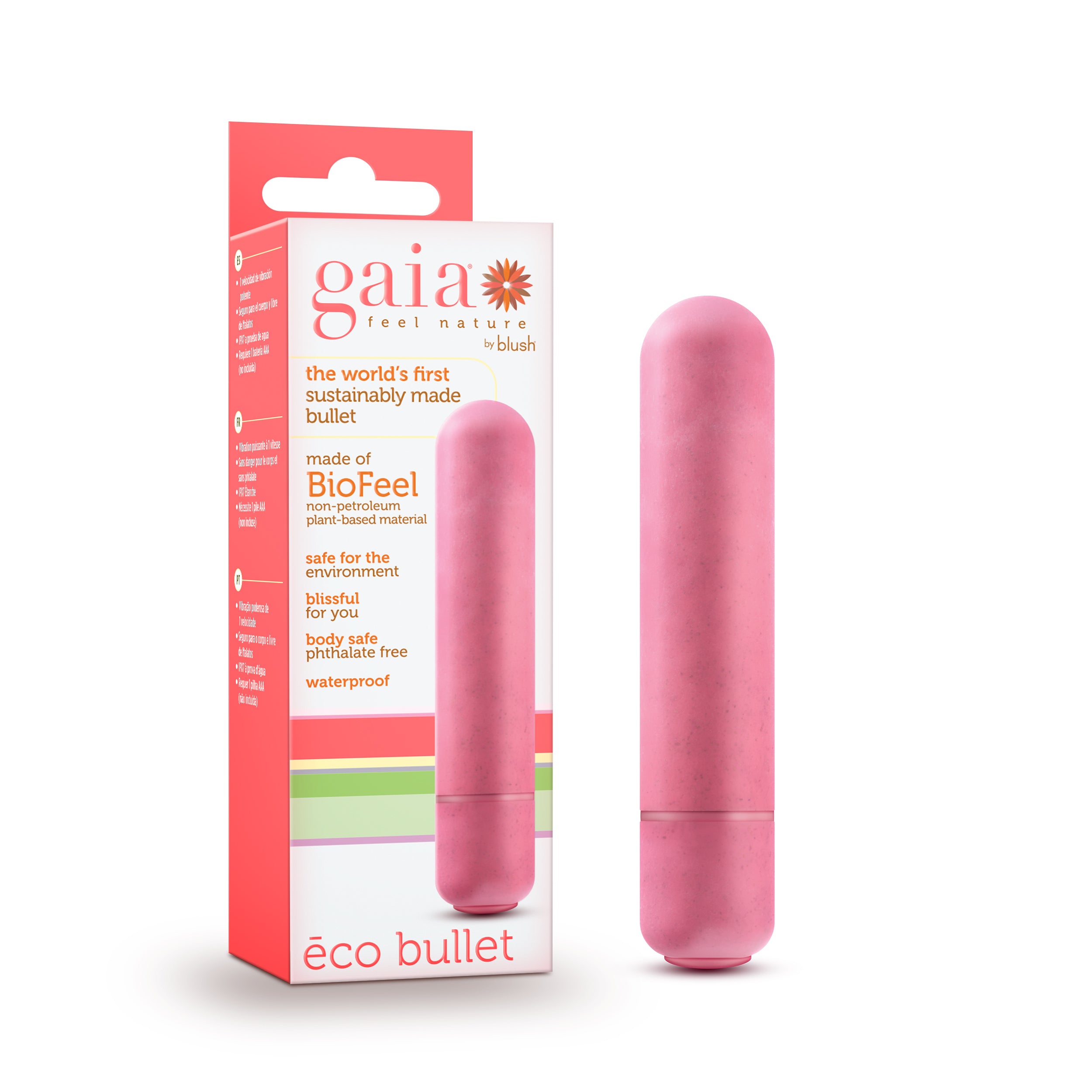 The Eco Bullet by Blush Gaia is a pink, eco-friendly bullet vibrator packaged with elegance. The box emphasizes its sustainable, body-safe, and waterproof qualities with the term BioFeel, promoting a responsible and pleasurable selection.