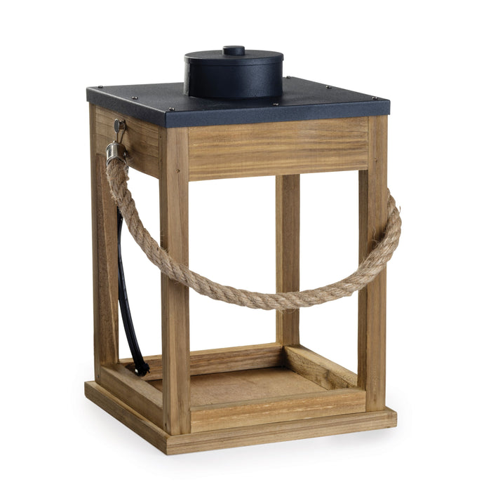 A wooden lantern with a square frame, featuring a black metal top and a thick rope handle attached to the sides. The lantern is empty inside and has a modern, rustic design.