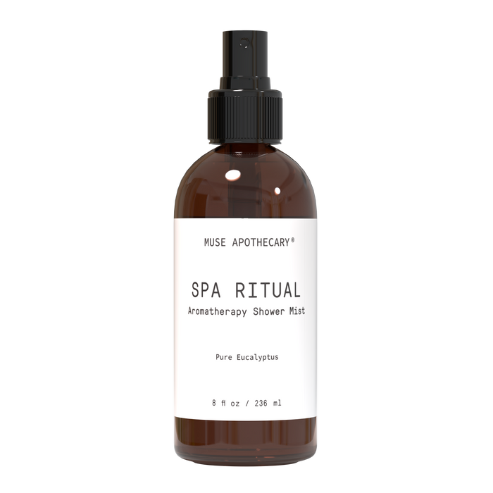 A brown plastic spray bottle labeled MUSE APOTHECARY SPA RITUAL Aromatherapy Shower Mist, Pure Eucalyptus, 8 fl oz / 236 ml against a plain white background.