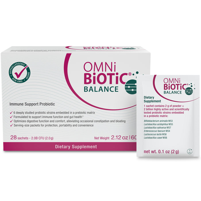 A box and sachet of OMNi BiOTiC BALANCE dietary supplement, showing product details, probiotic benefits, and net weight of 2.12 oz (box) and 0.1 oz (sachet) on a white background.