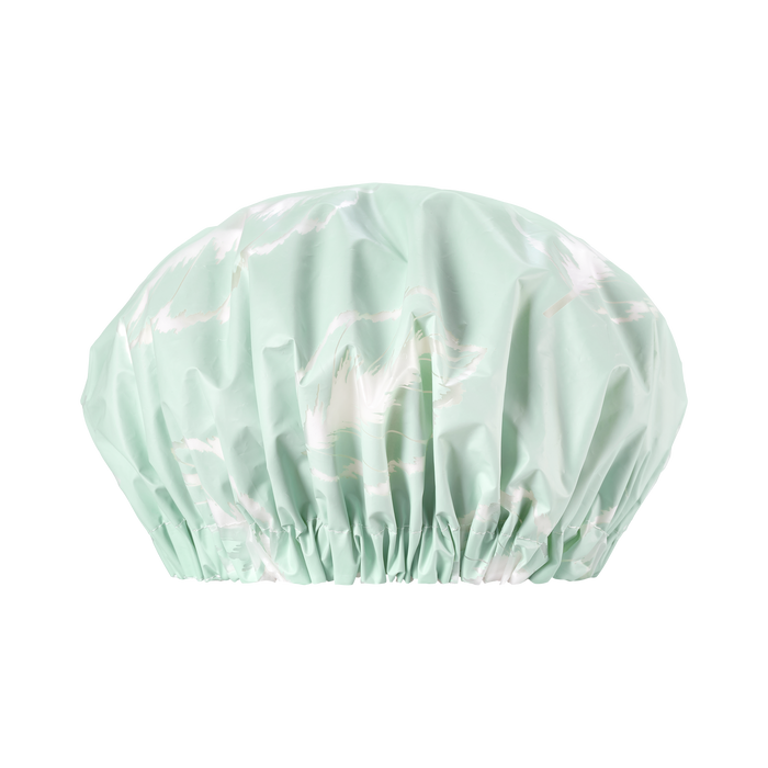 A light green shower cap with a subtle white cloud pattern, featuring gathered elastic around the base.