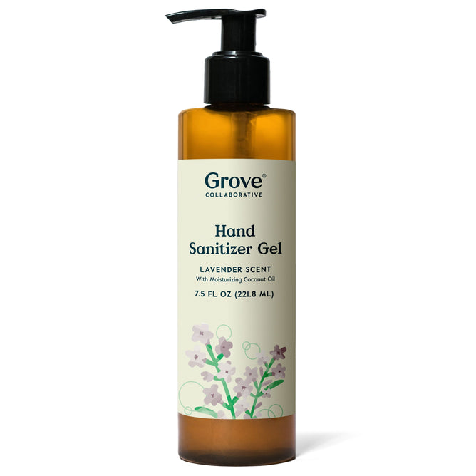 The Grove Co. Hand Sanitizer Gel, in a 7.5 fl oz brown pump bottle, features lavender-scented, coconut oil-infused formula that kills 99.9% of germs and pampers your skin, adorned with a lavender illustration at the bottom.