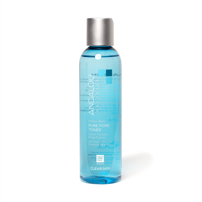 A blue bottle of Andalou Naturals Willow Bark Pure Pore Toner with a silver cap, standing upright on a white background. The label text highlights its use for clear skin.