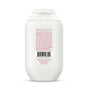Back of a white hair product bottle showing instructions, barcode, brand website, and a list of ingredients printed in pink text. The cap is white and the product is intended for external use only.