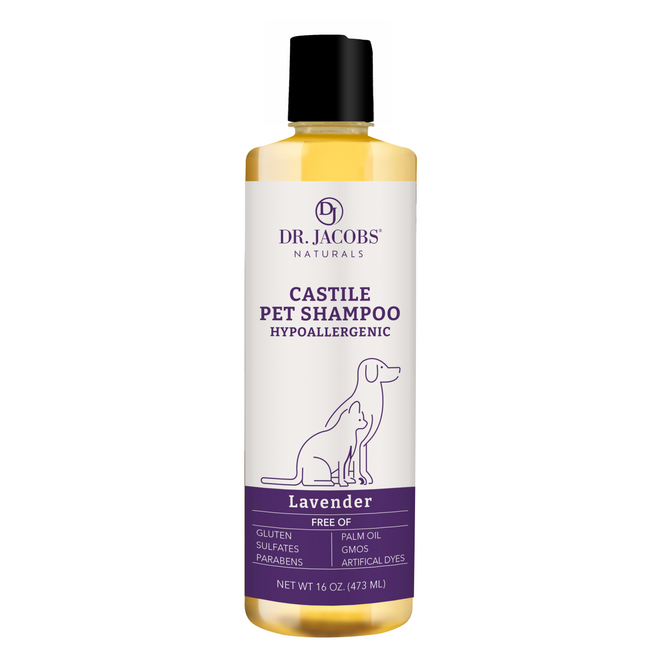 Dr. Jacobs Naturals Castille Pet Shampoo, a hypoallergenic lavender formula with a dog image, is free of gluten, sulfates, parabens, palm oil, GMOs, and artificial dyes.