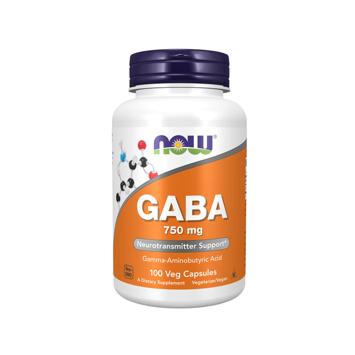 A white bottle labeled NOW GABA 750 mg with an orange label indicating Neurotransmitter Support, Gamma-Aminobutyric Acid, and 100 Veg Capsules. The cap is dark blue.
