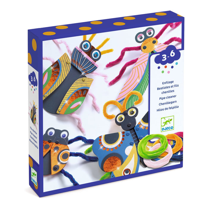 A boxed craft kit for ages 3-6 featuring colorful bugs made from pipe cleaners and paper shapes. The front shows completed bug designs with googly eyes and creative patterns, and the Djeco logo is visible.