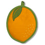 A yellow, round cotton pot holder shaped like a lemon with a green border and small white dots—Pot Holder - Lemon by The Neighborgoods—a charming kitchen essential set against a white background.