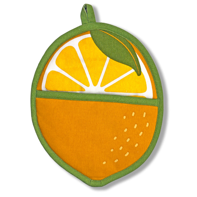 The Neighborgoods Pot Holder - Lemon features a lemon slice design in yellow, green, and white cotton with a green border, leaf accent, wedge details, and a convenient lower pocket—an adorable kitchen essential.