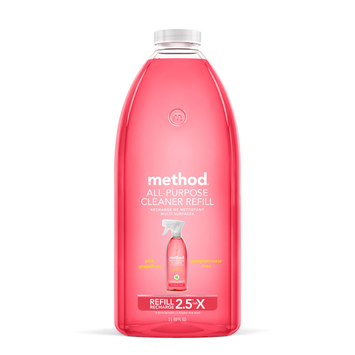 A clear, pink-tinted bottle of Method All-Purpose Cleaner Refill in pink grapefruit scent, with a spray bottle graphic and text emphasizing it is a 2.5X refill for multi-surfaces, 68 fl oz size.