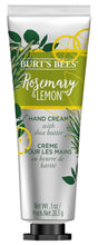 A 1 oz (28.3 g) tube of Burts Bees Hand Cream with Shea Butter, Rosemary & Lemon, featuring vibrant rosemary and lemon packaging.