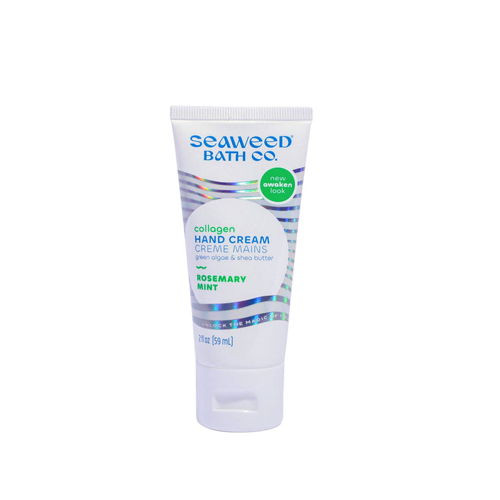 A white tube of Seaweed Bath Co. Collagen Hand Cream in Rosemary Mint scent, featuring green and blue text and a wave design, standing upright against a plain white background.