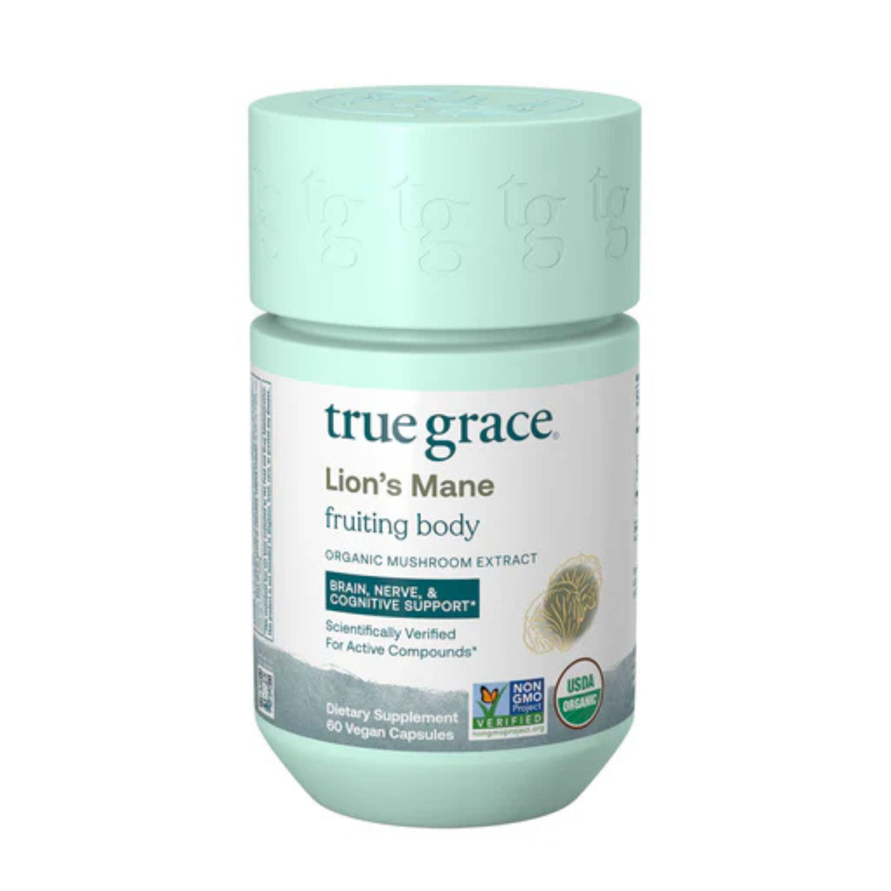 A light green bottle of True Grace Lion’s Mane fruiting body organic mushroom extract supplement, labeled for brain, nerve, and cognitive support, with 60 vegan capsules and various certification logos.