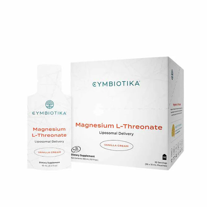 Cymbiotika Liposomal Magnesium L-Threonate Packets, a dietary supplement in vanilla cream flavor, are displayed in a box and individual sachet. This advanced formula delivers highly bioavailable magnesium for effective brain and memory support, utilizing liposomal technology to optimize absorption and benefits.