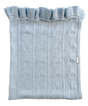 Little Love Blanket - Hydrangea in light blue luxury cashmere with a ruffled edge and a repeating heart cable-knit pattern.