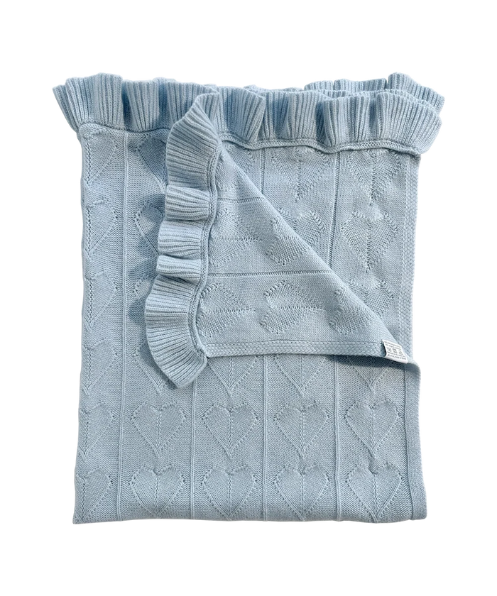 AU Baby Little Love Blanket - Hydrangea, a light blue organic knit baby blanket with a ruffled edge and a repeating heart pattern.